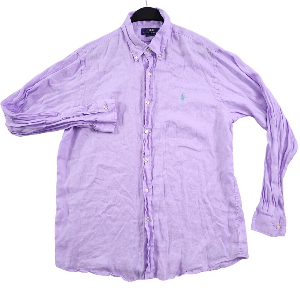 Ralph Lauren Linen Shirt Mens L Classic Fit Purple Lavender Solid Long Sleeve